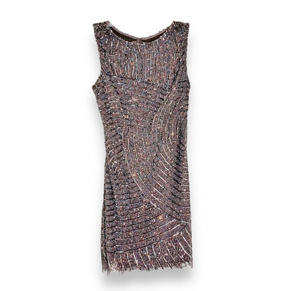 AIDAN MATTOX Formal Dark Grey, Open Back Sequin Beaded Sparkly Mini Dress SIZE 8